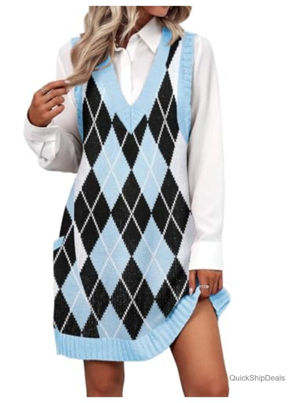 Sleeveless V-Neck Sweater Vest Dress Cable Knit Pullover with Pockets